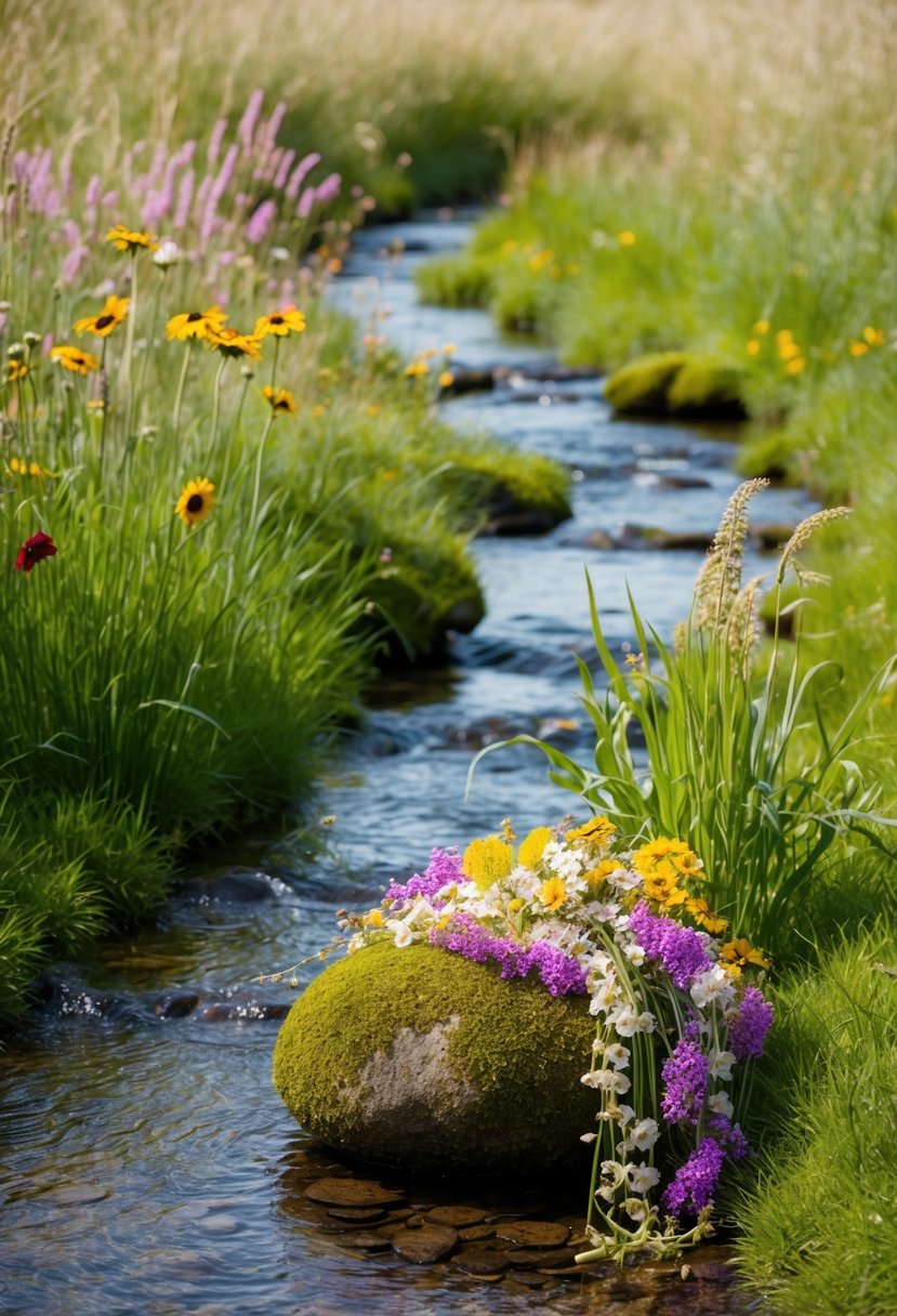 A babbling brook winds through a meadow, dotted with colorful wildflowers and tall grasses. A long, flowing bouquet of whimsical blooms drapes over a mossy stone