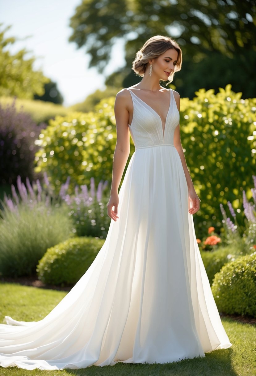 A flowing chiffon and linen wedding gown in a sunny garden setting