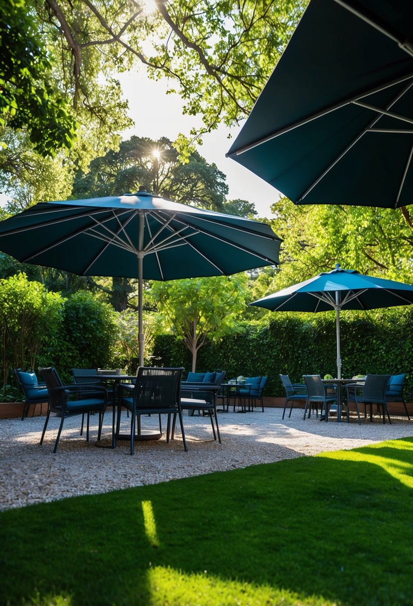 A lush garden with large umbrellas casting shadows over seating areas. Sunlight filters through the trees, creating dappled patterns on the ground