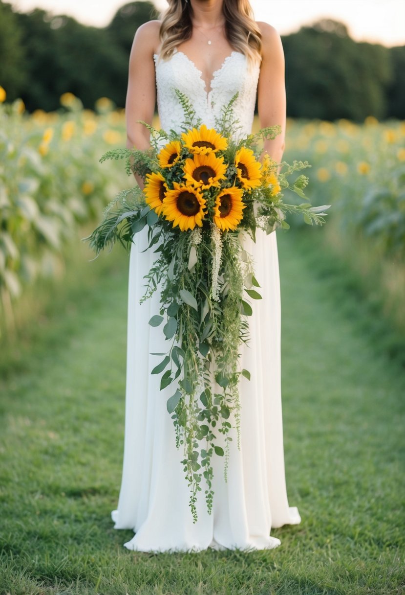 A long, cascading wedding bouquet filled with rustic sunflowers and greenery, with a natural and organic feel