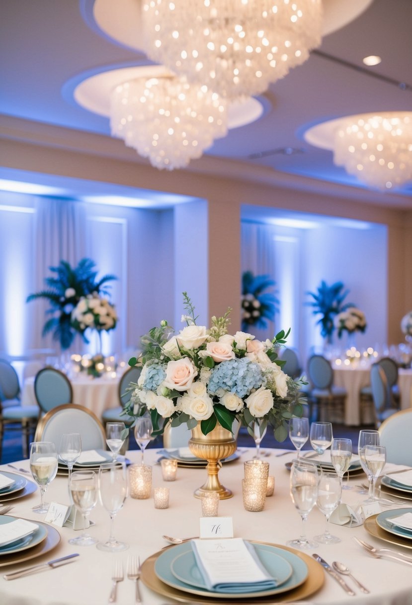 An elegant indoor reception with cool tones and soft lighting, featuring a beautifully decorated space with floral arrangements and a refreshing atmosphere