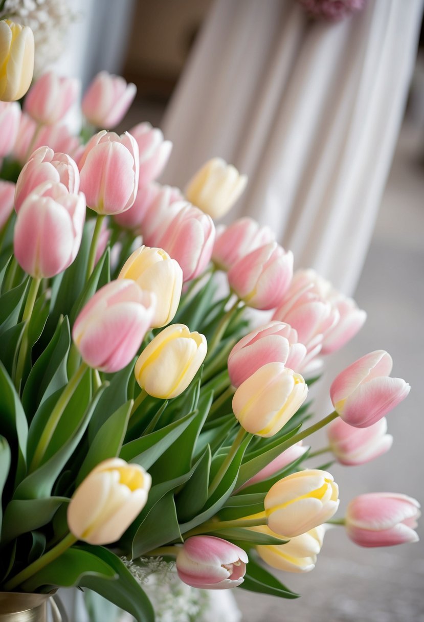 A flowing trail of pastel tulips cascading from a delicate wedding bouquet