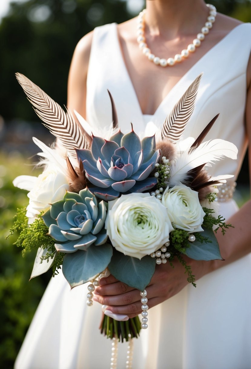 A white wedding bouquet featuring succulents, feathers, and pearls