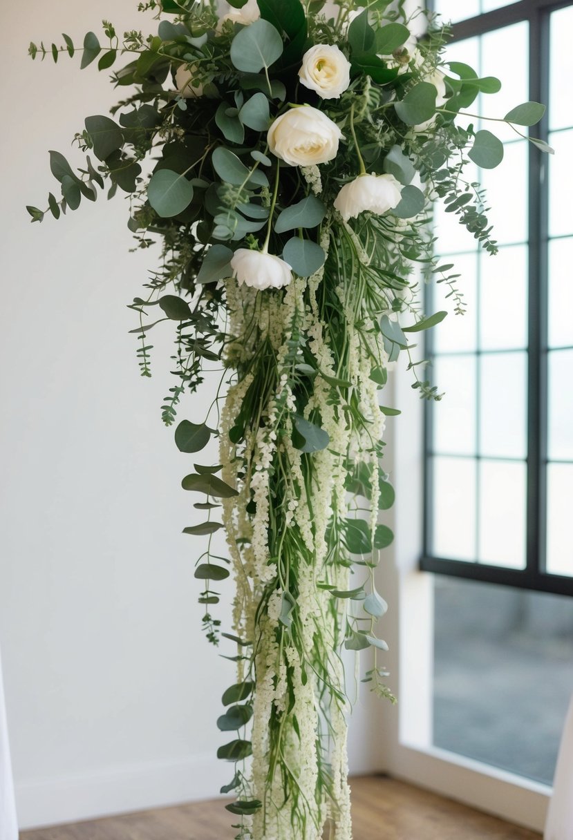 A cascading bouquet of eucalyptus and ivory drizzle, with delicate greenery and soft white flowers, elegantly flowing down