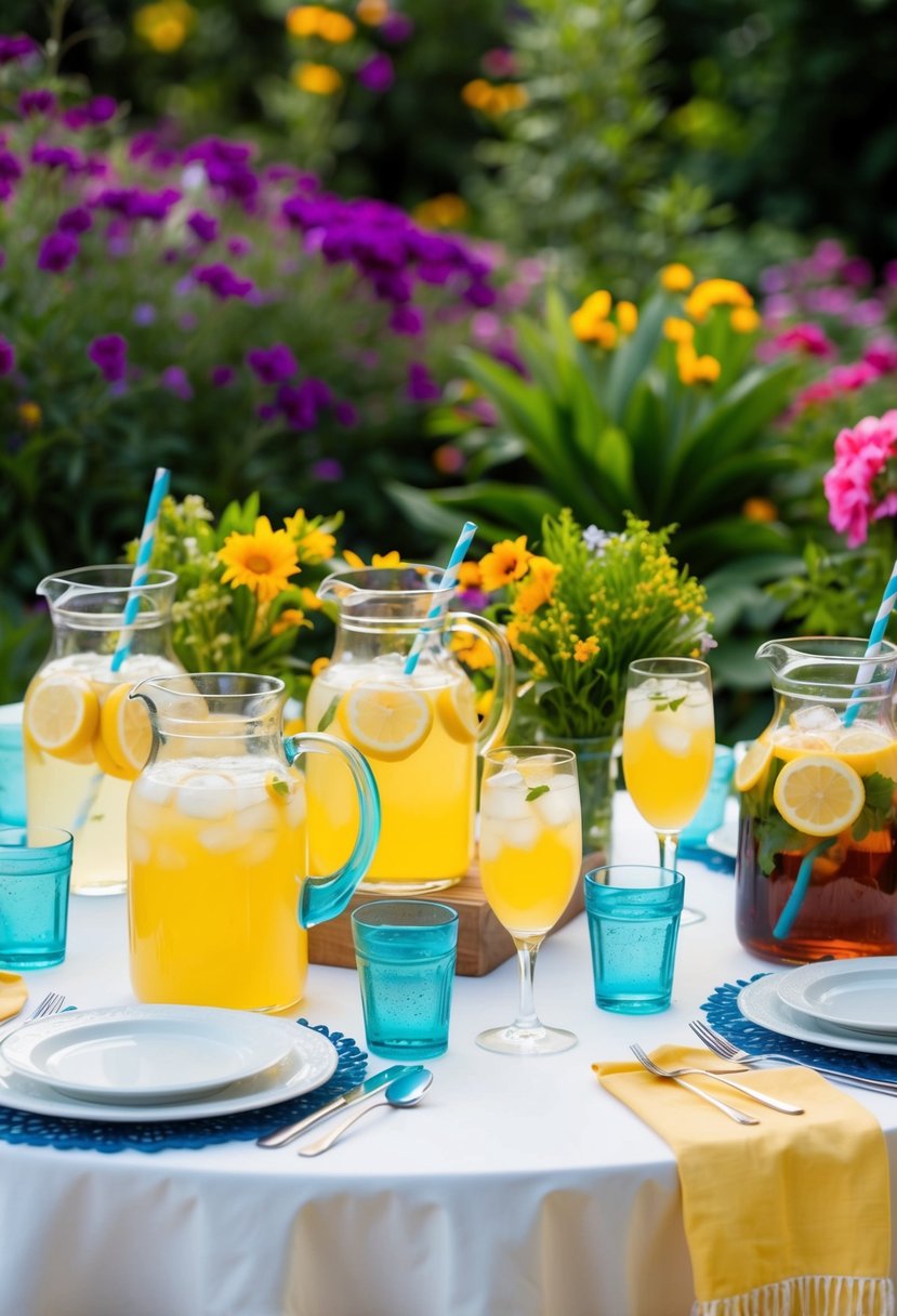 A table set with pitchers of lemonade and iced tea, surrounded by vibrant summer flowers and greenery