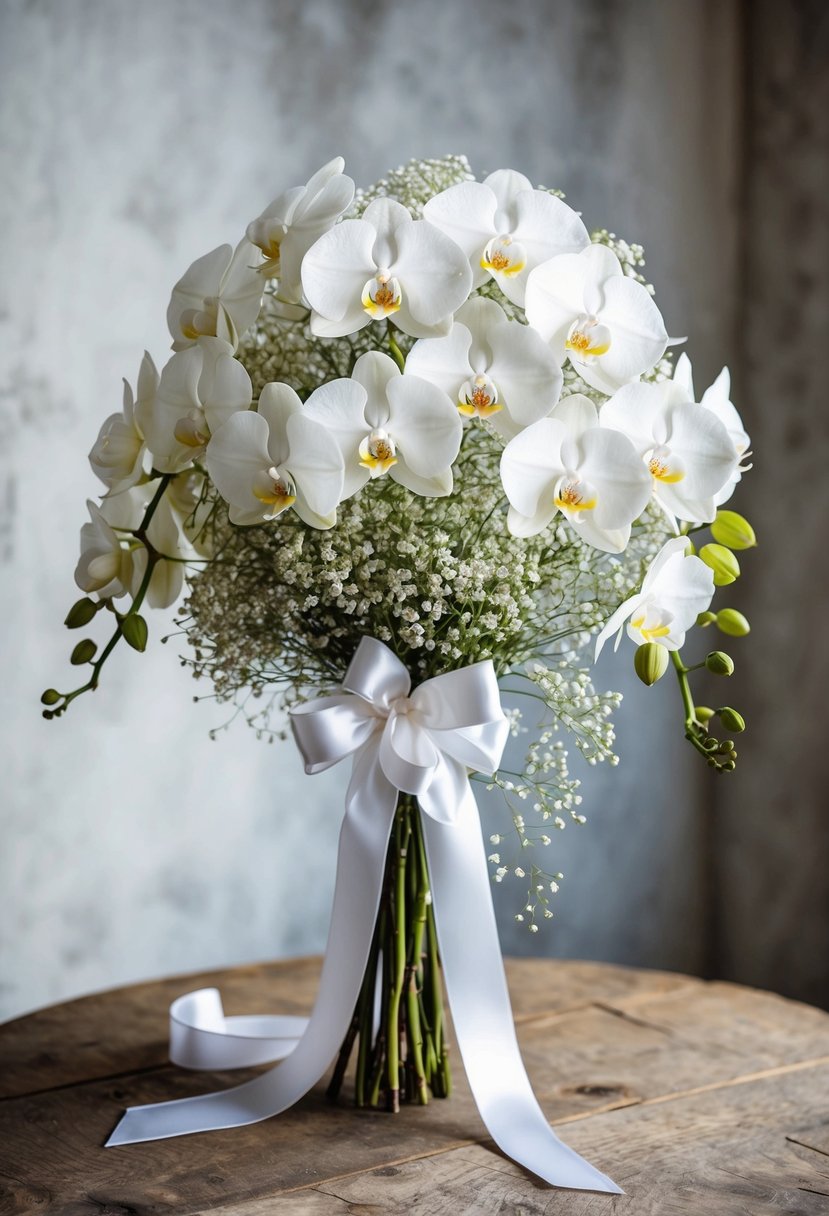 A cascading bouquet of white orchids and baby's breath, tied with satin ribbon, sits on a rustic wooden table