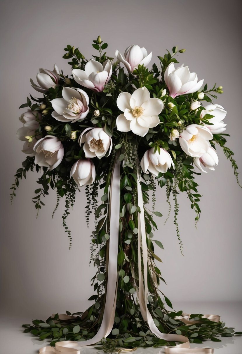 A voluminous bouquet of regal magnolia blooms cascading gracefully in a sweeping arrangement, adorned with delicate greenery and trailing ribbons