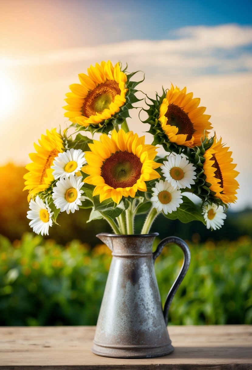 Sunflowers and daisies in a rustic vase, set against a backdrop of warm, sunny skies and lush greenery