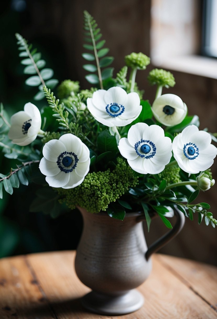 A delicate white anemone bouquet with lush greenery, arranged in a rustic vase