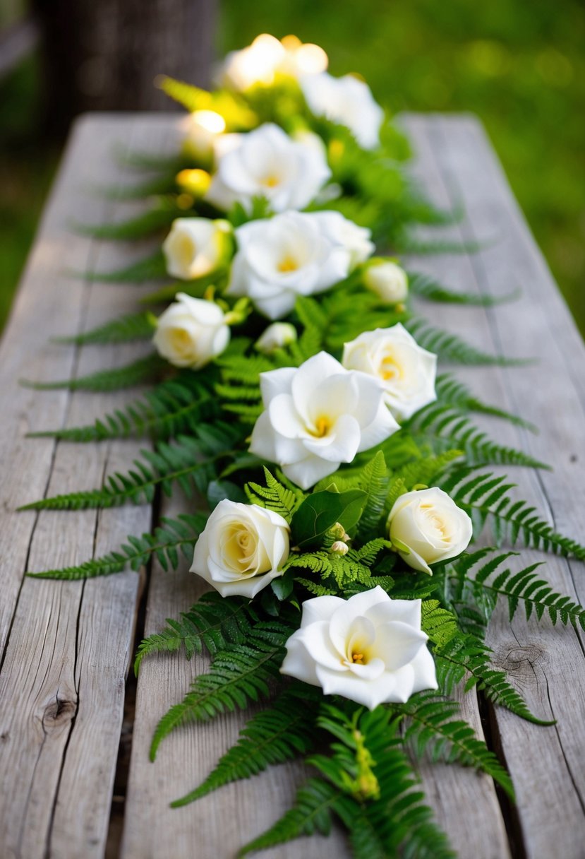 A gardenia and fern bouquet cascades down a rustic wooden table, with soft natural light illuminating the delicate blooms