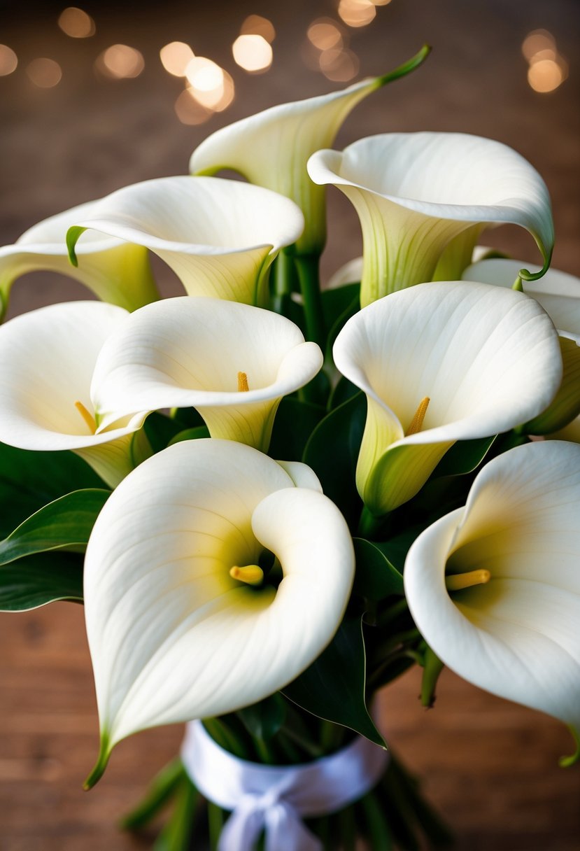 A simple arrangement of calla lilies in a white wedding bouquet