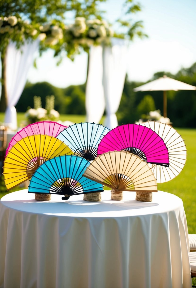 Colorful fans and parasols arranged on a table, with a sunny outdoor wedding setting in the background