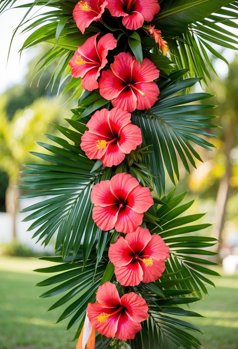 A vibrant wedding bouquet of tropical hibiscus and palm leaves cascading down in a lush and elegant arrangement