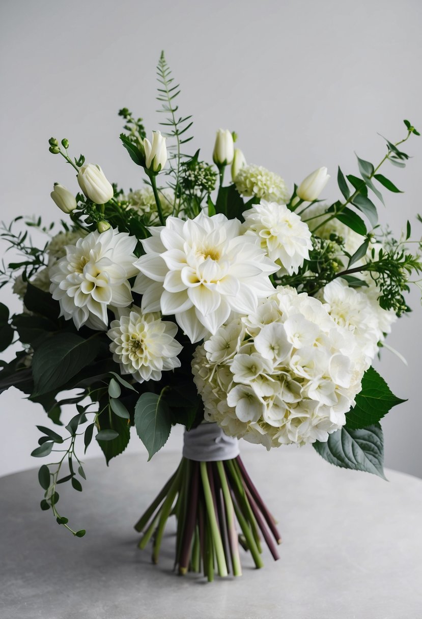 A monochrome bouquet of white dahlia and hydrangea, arranged in a modern, minimalist style, with delicate green foliage