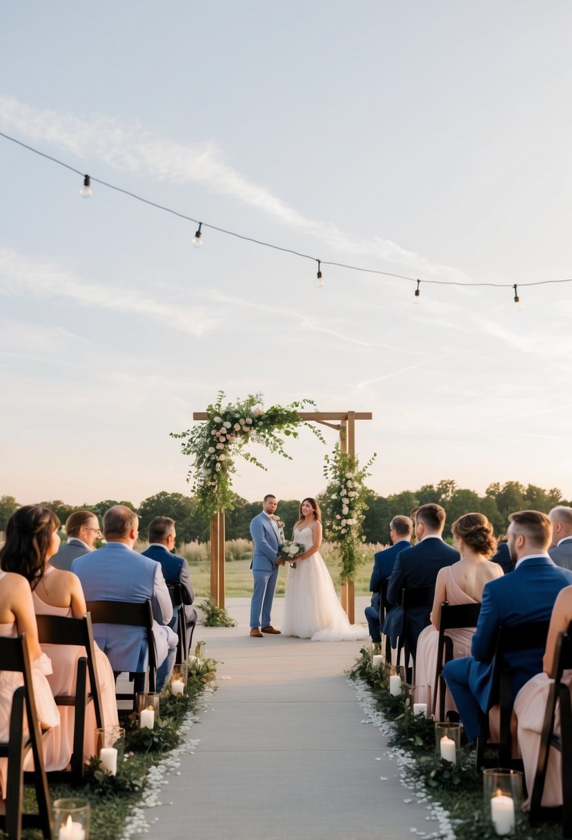 A simple outdoor wedding with minimal decor and seating for guest comfort