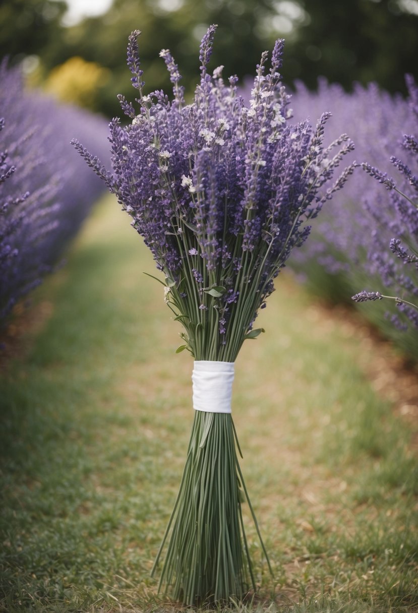 A long, flowing bouquet of lavender and baby's breath