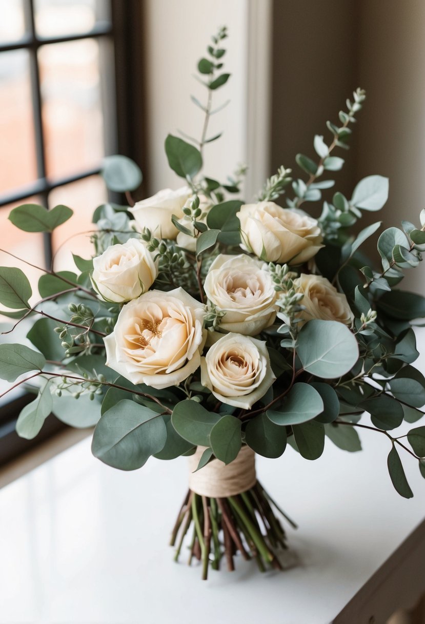 A vintage-inspired bouquet featuring delicate roses and eucalyptus foliage