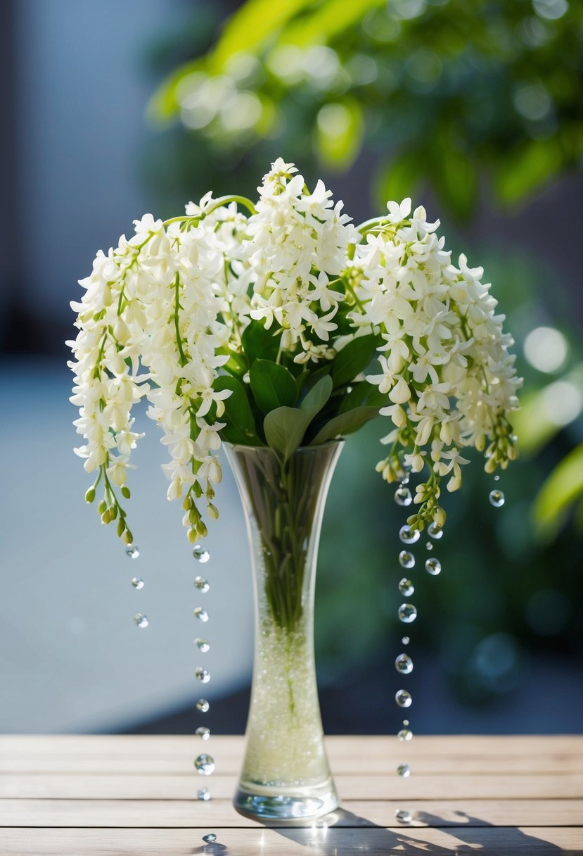 A cascading bouquet of delicate jasmine drops from a slender vase