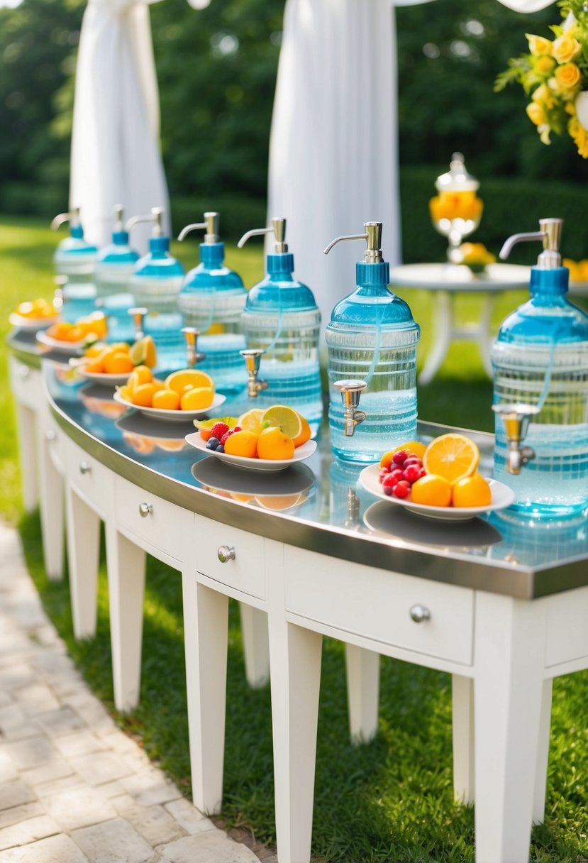 Multiple elegant water stations set up in accessible locations at a summer wedding, with decorative dispensers and fresh fruit garnishes