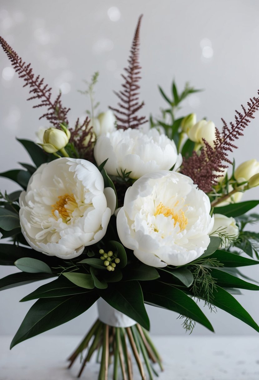 A modern bouquet featuring white peonies and astilbe, with greenery accents, arranged in a sleek, minimalist style