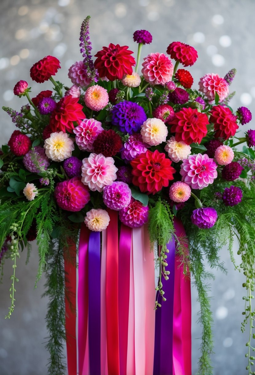 A cascading bouquet of vibrant dahlia flowers in various shades of red, pink, and purple, with lush greenery and trailing ribbons