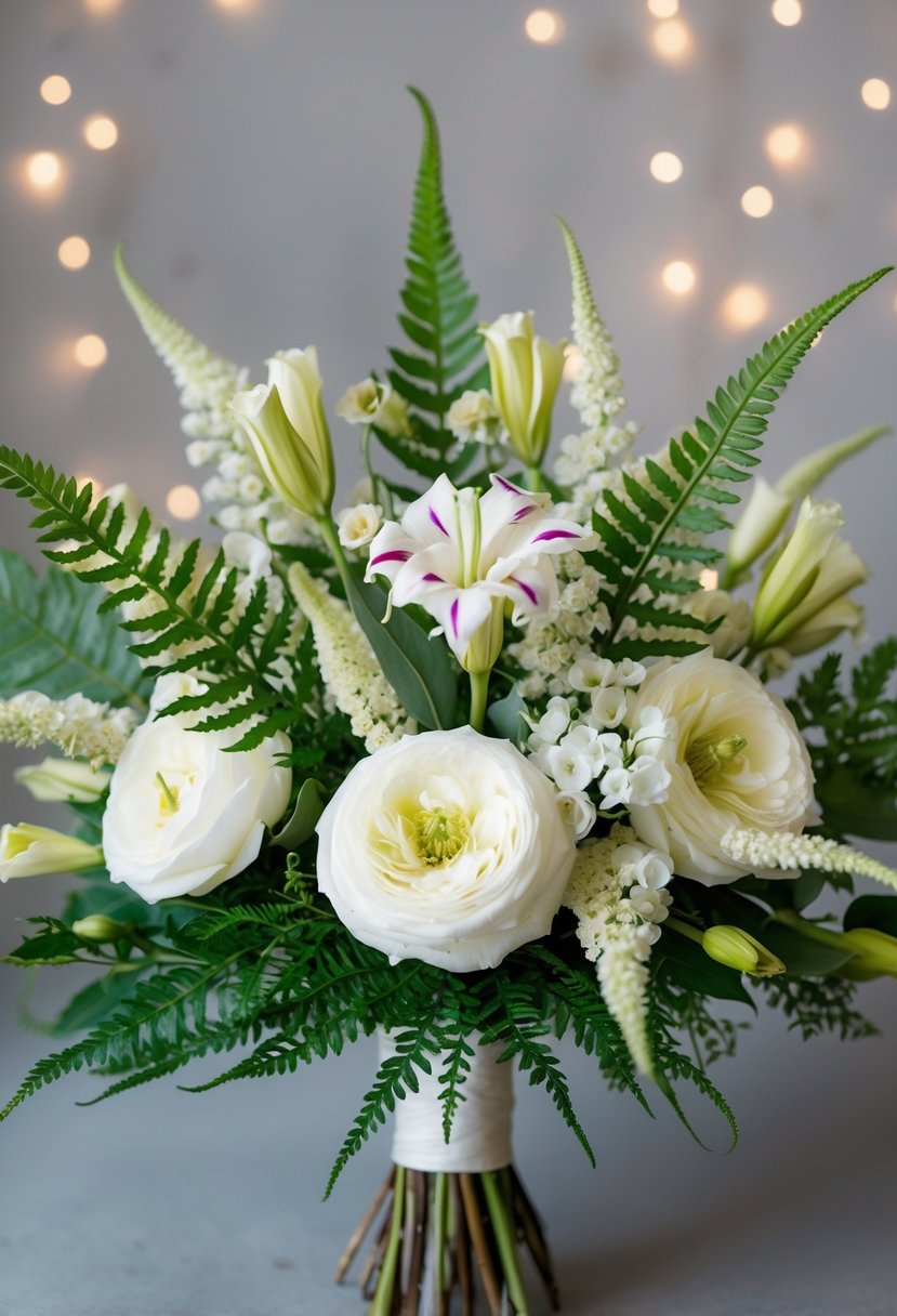 A bouquet of whimsical lisianthus and ferns in a unique white wedding arrangement