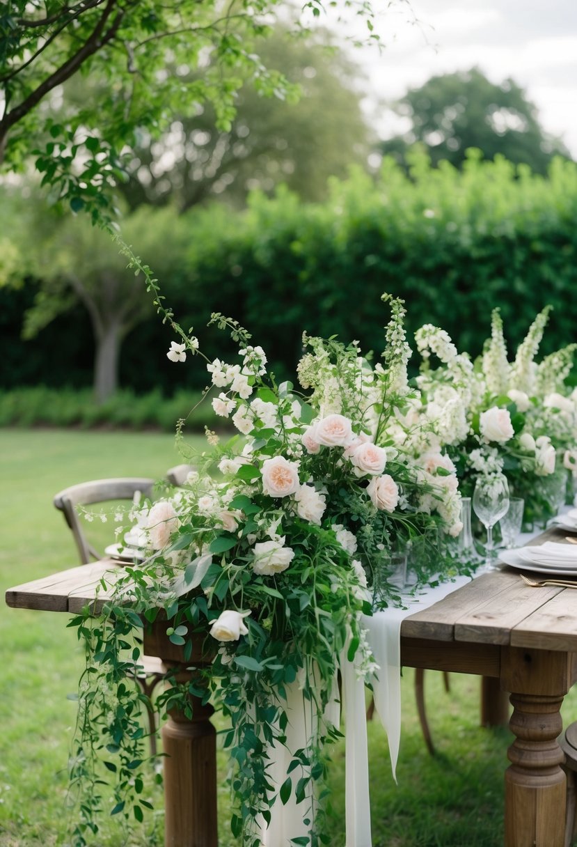 A cascading bouquet of vines, delicate blossoms, and lush greenery spills over a rustic wooden table, creating a romantic and ethereal wedding centerpiece