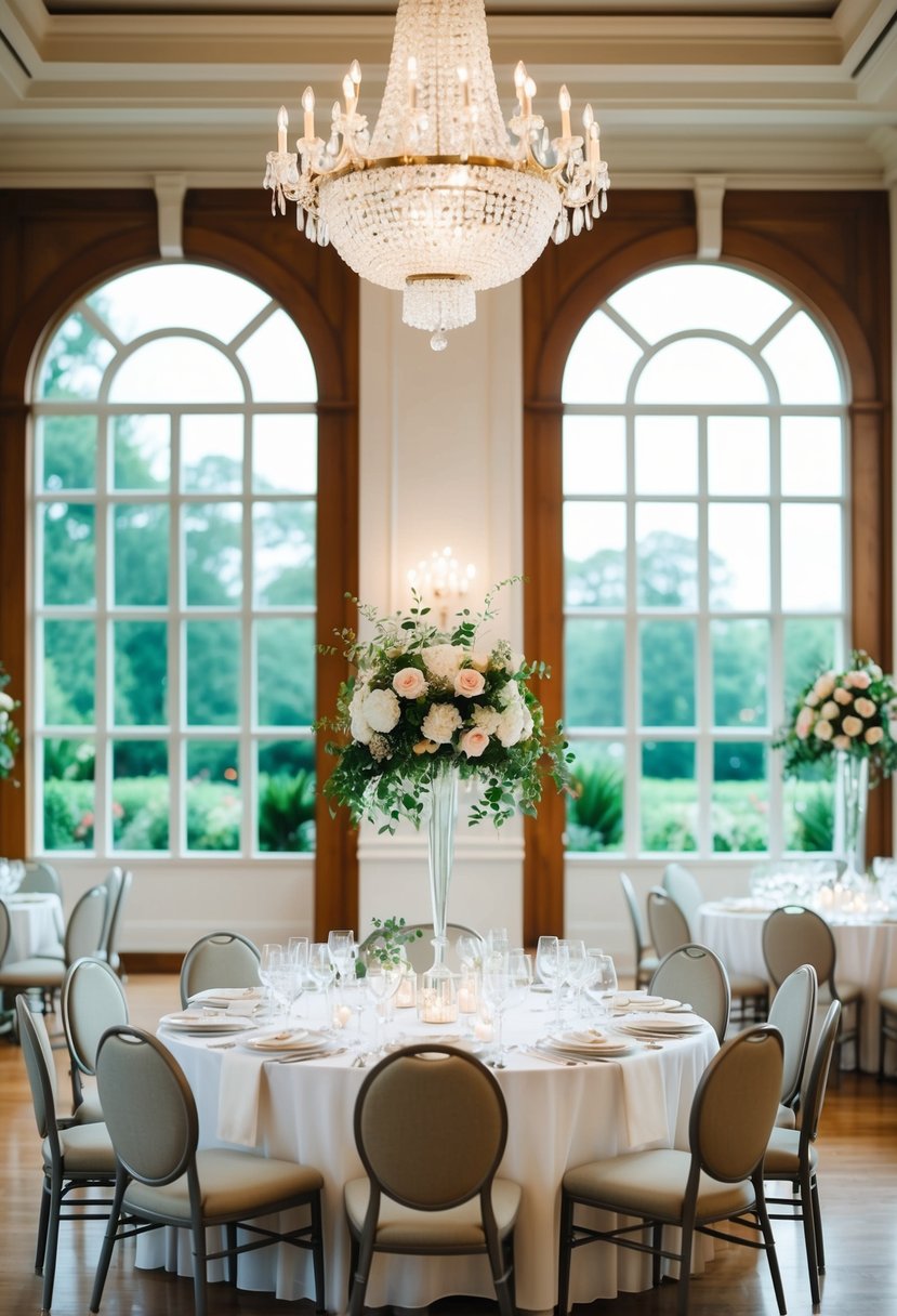 An elegant indoor ballroom with chandeliers and large windows overlooking lush gardens