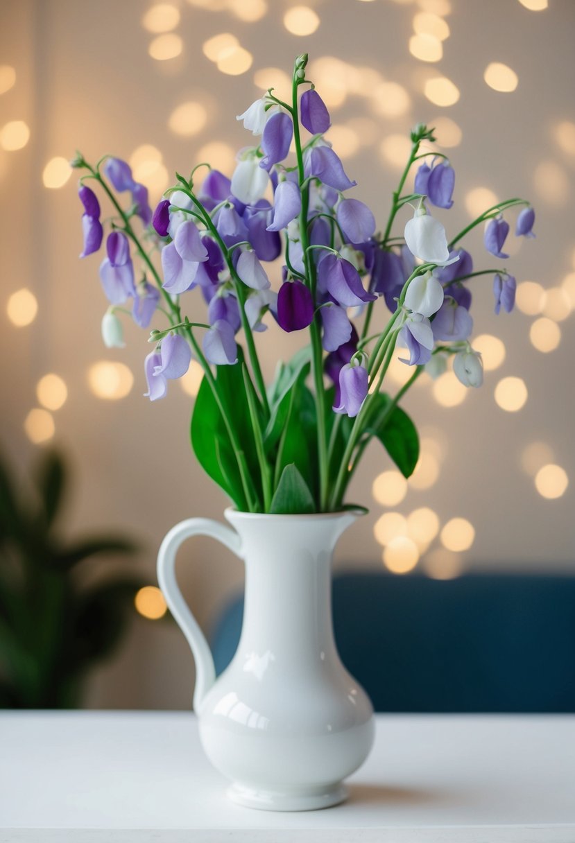 A simple, elegant bouquet of sweet pea flowers in a white vase