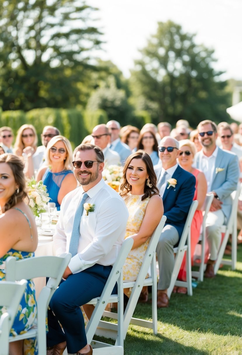 A sunny outdoor wedding with guests in relaxed summer attire