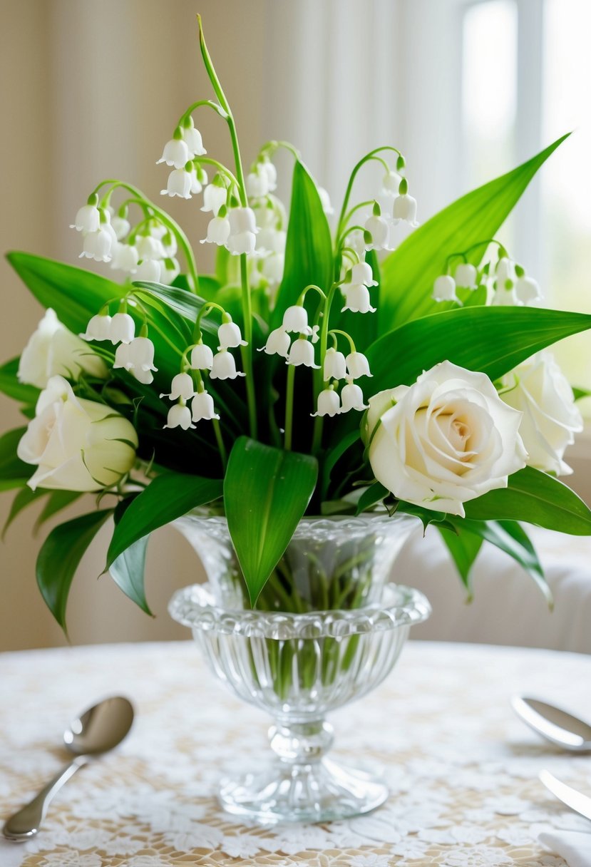 A delicate arrangement of Lily of the Valley with white roses and green foliage, set in a crystal vase on a lace-covered table