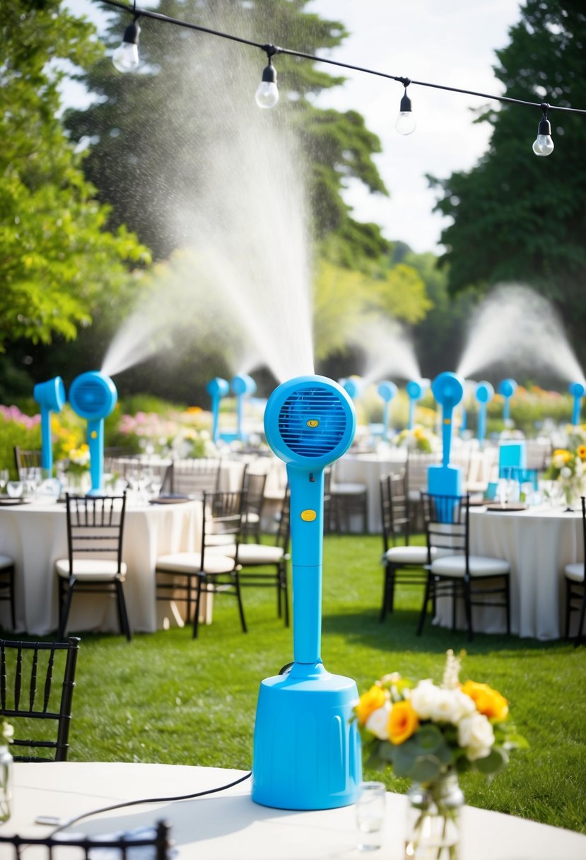 Misting fans set up at outdoor wedding venue. Tables and chairs arranged around cooling stations. Summer flowers in bloom