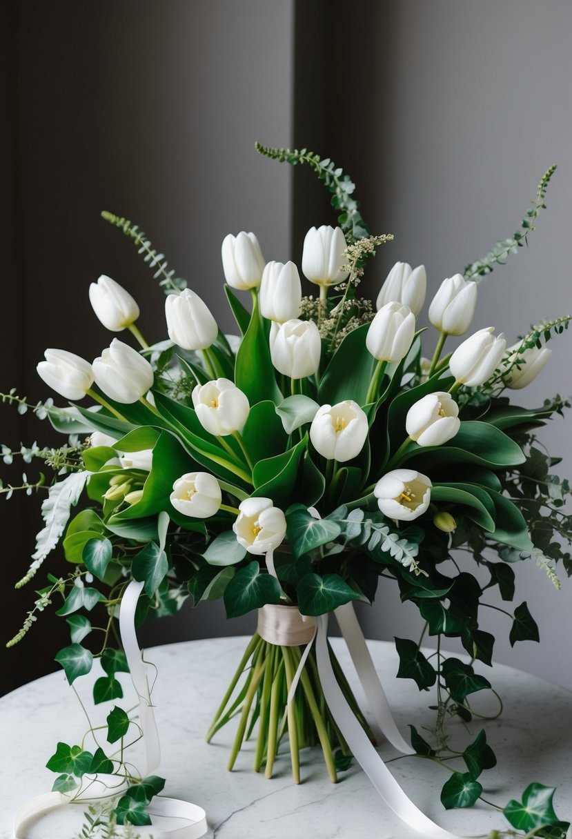 A lush bouquet of white tulips and ivy, arranged in a bohemian style with flowing ribbons and delicate greenery