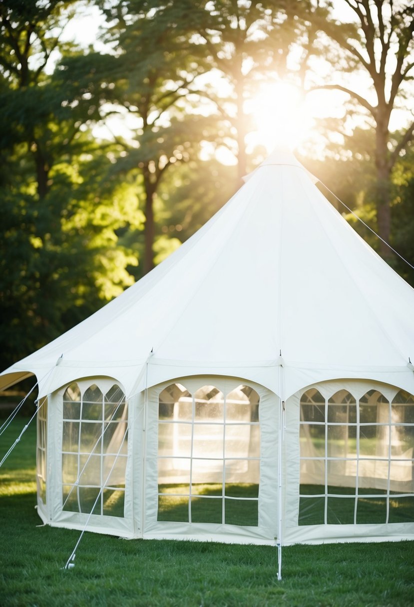 A white tent with large mesh windows stands in a grassy field. Sunlight filters through the open flaps, creating a warm and inviting atmosphere for a summer wedding