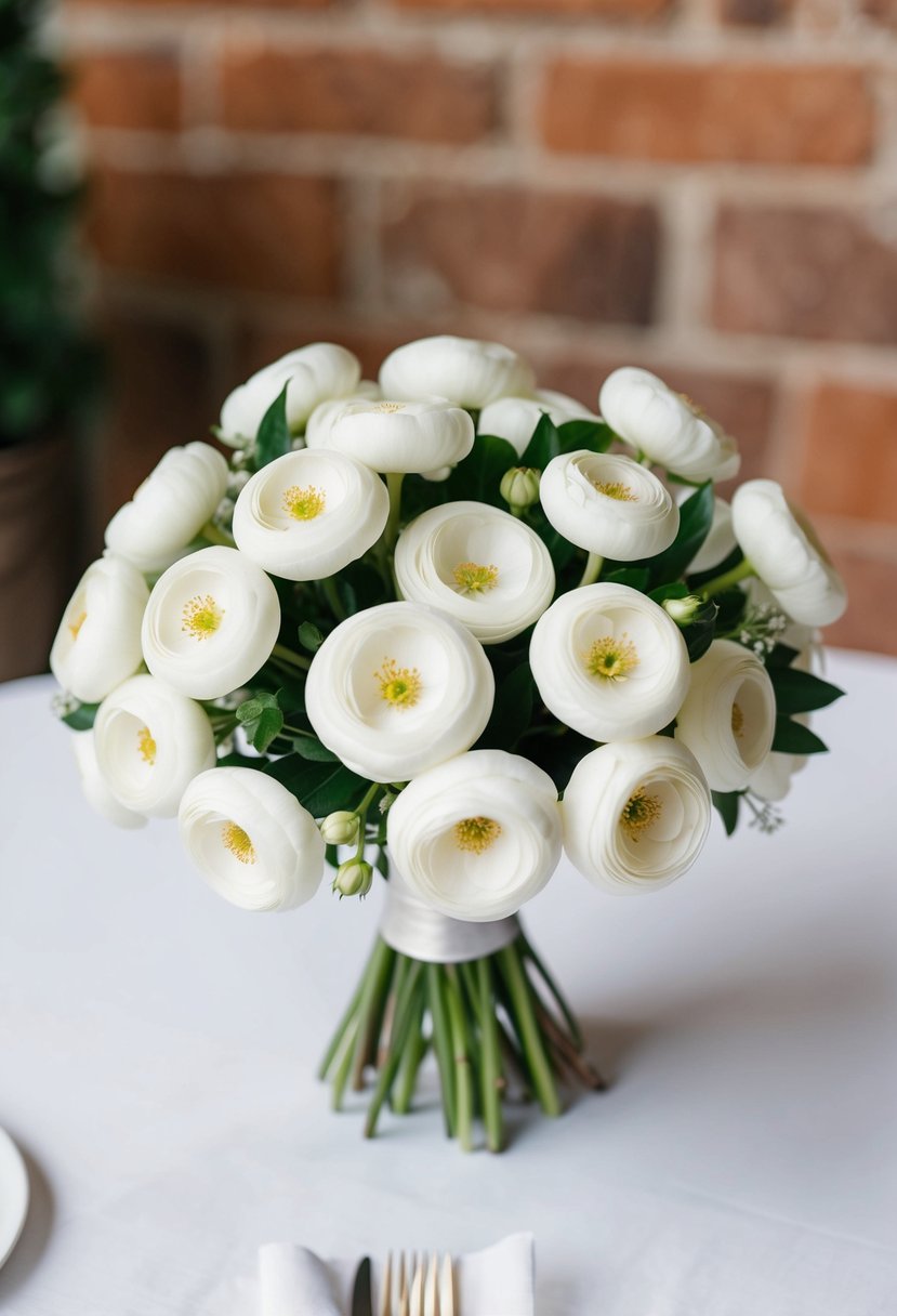 A bunch of classic white ranunculus arranged in a unique wedding bouquet