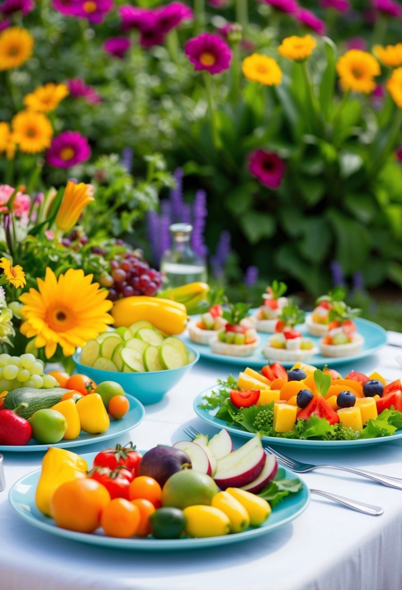 A table adorned with colorful, fresh fruits and vegetables, alongside light and refreshing appetizers, set against a backdrop of vibrant summer flowers and greenery