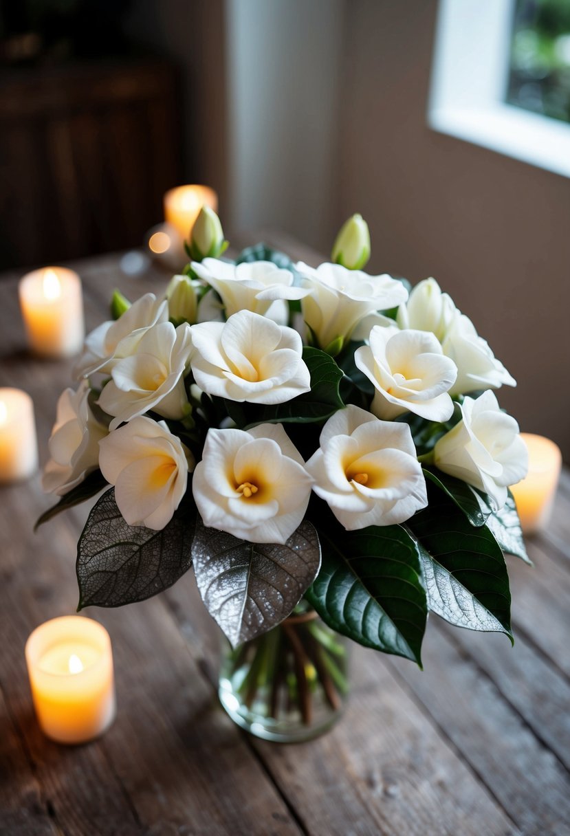 A bouquet of gardenias with silver dust leaves sits on a rustic wooden table, surrounded by soft candlelight