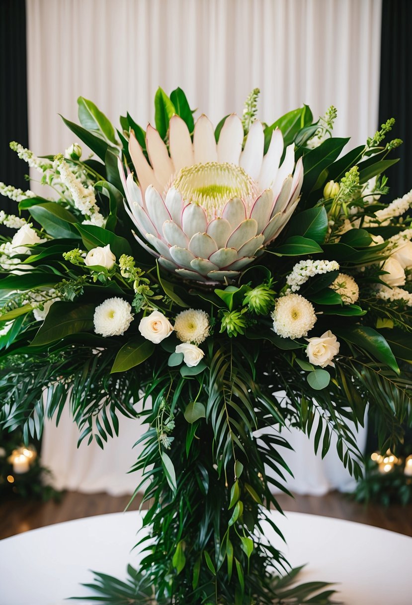 A grand, exotic white protea bouquet stands tall, surrounded by lush greenery and delicate filler flowers, creating a stunning statement piece for a unique wedding