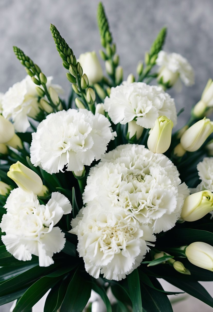 A white wedding bouquet featuring delicate carnations and stephanotis, arranged in a lush and elegant composition