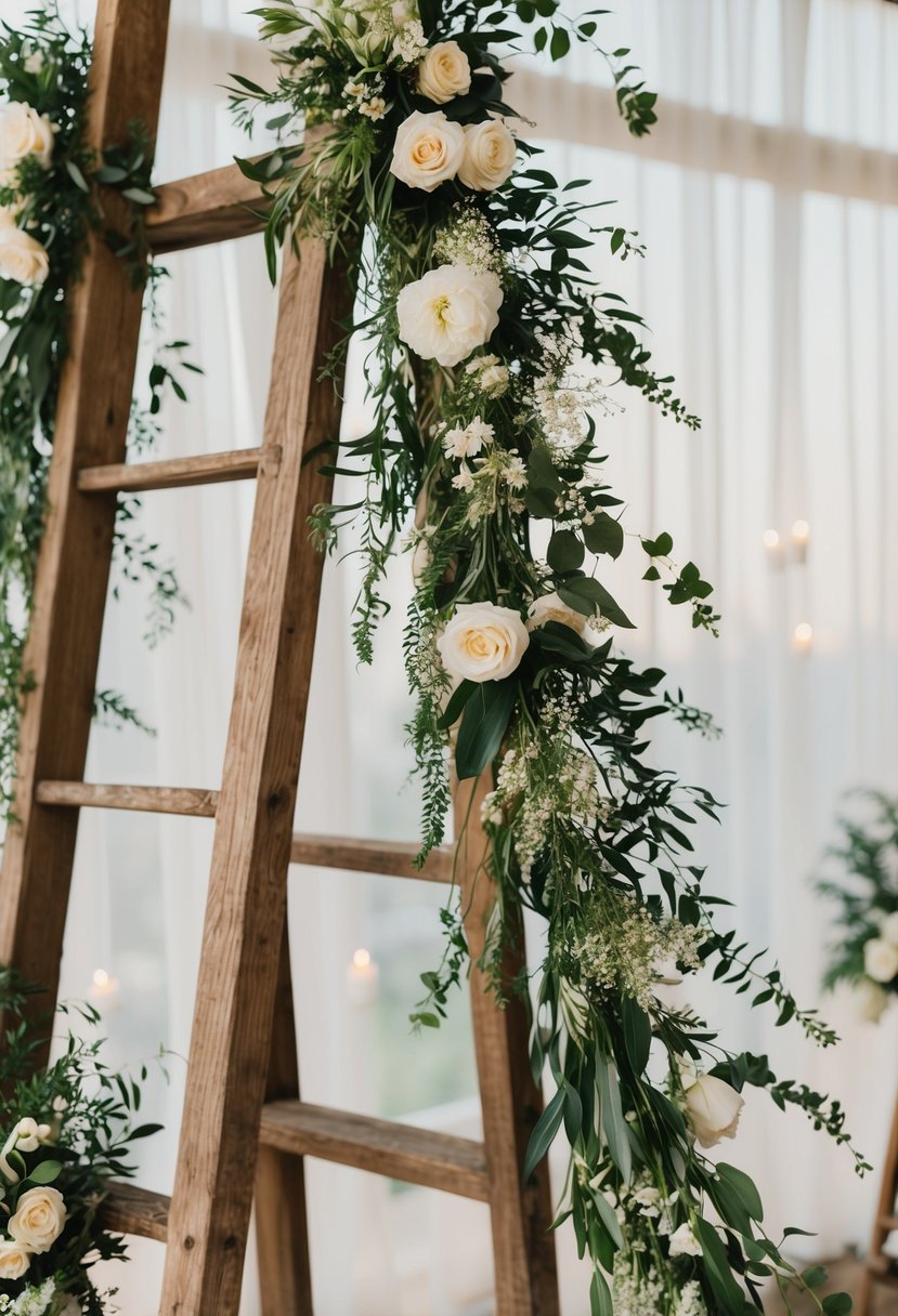 A rustic wooden ladder adorned with cascading greenery and delicate blooms, creating a whimsical display for hanging wedding bouquet ideas