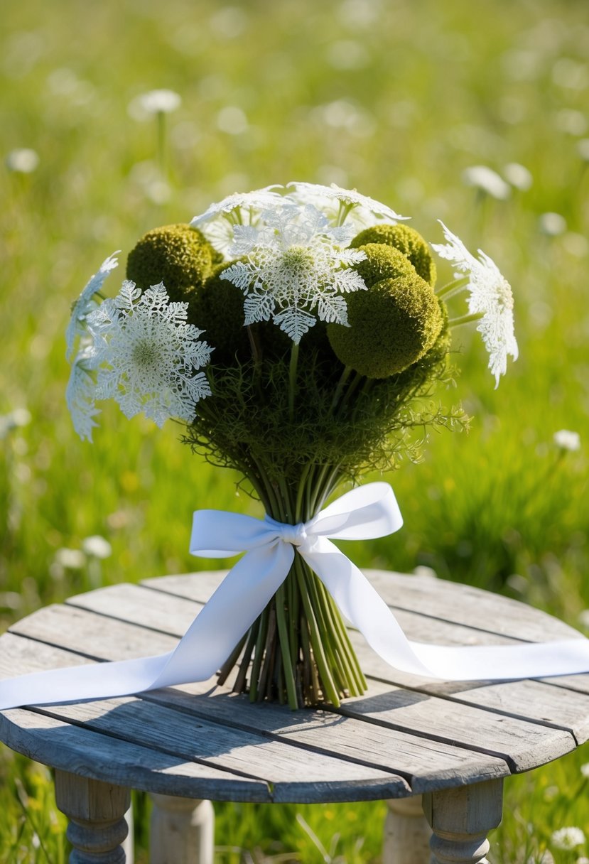 A delicate bouquet of Queen Anne's Lace and moss, tied with a white ribbon, sits atop a weathered wooden table in a sun-dappled meadow