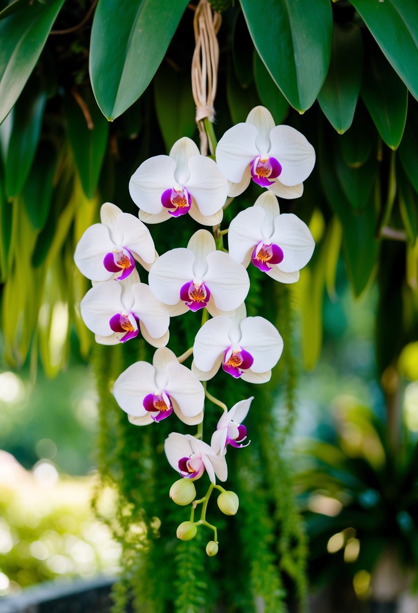 Dainty orchids cascade from a lush, green backdrop, creating a tropical and elegant hanging wedding bouquet