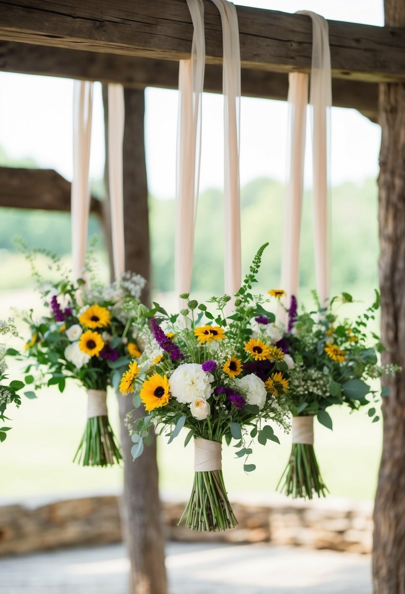 Wildflower bouquets suspended from rustic wooden beams, creating a whimsical and romantic wedding decor idea