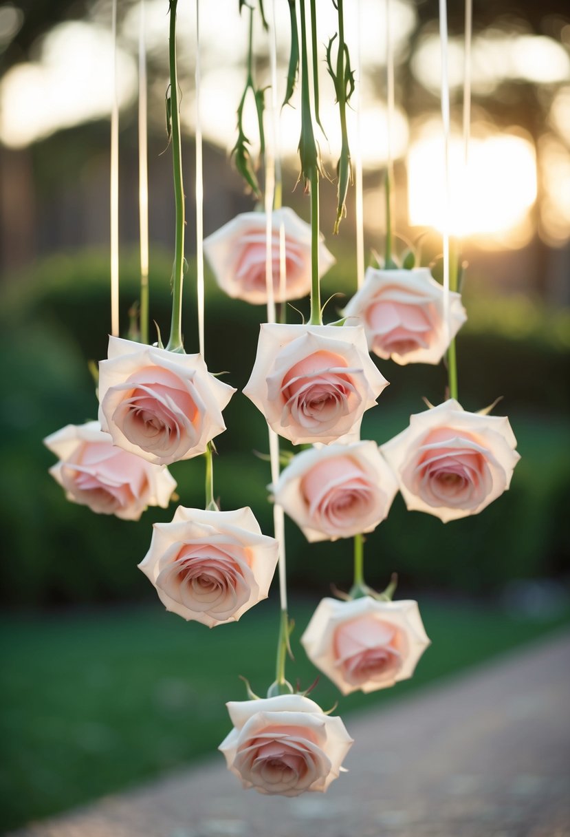 Roses suspended in mid-air, arranged in a wedding bouquet