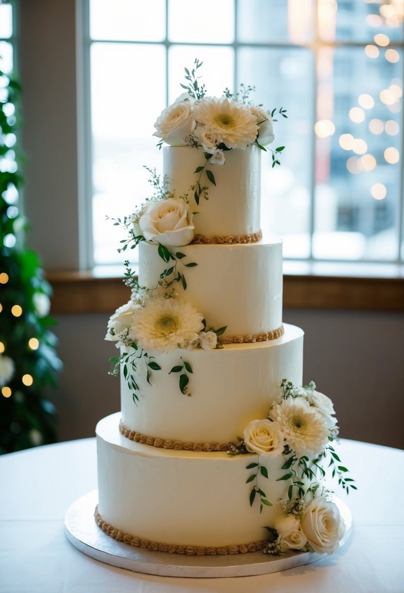 A four-tier wedding cake with cascading flowers and intricate icing details