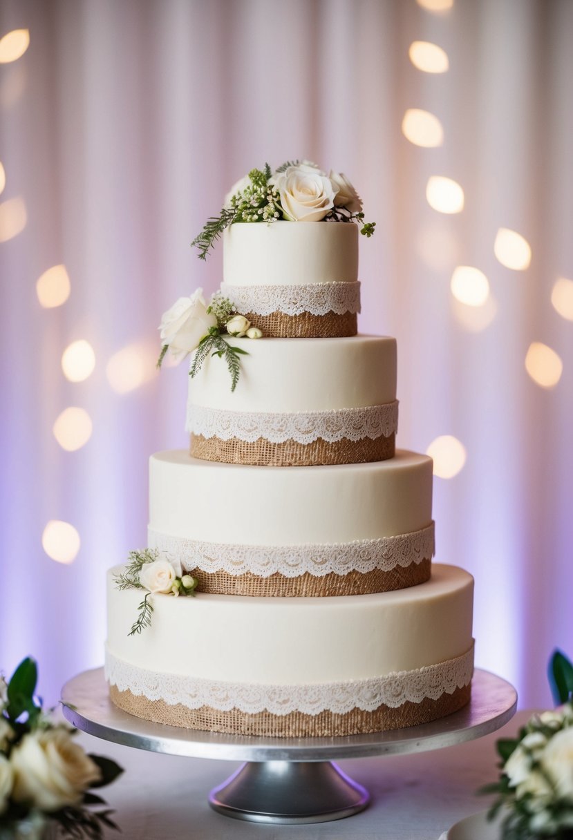 A four-tier wedding cake adorned with rustic burlap and delicate lace, set against a backdrop of soft, romantic lighting