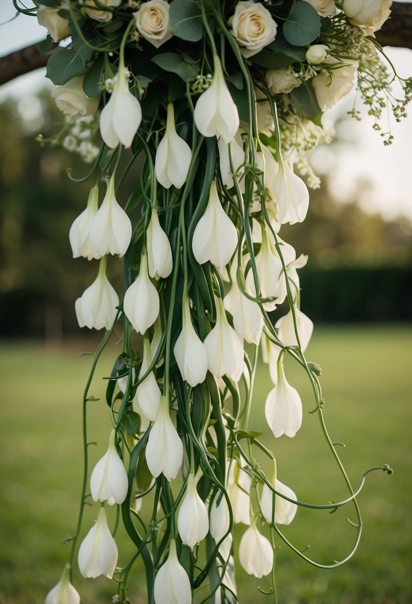 Intertwined vines with soft petals form a cascading wedding bouquet