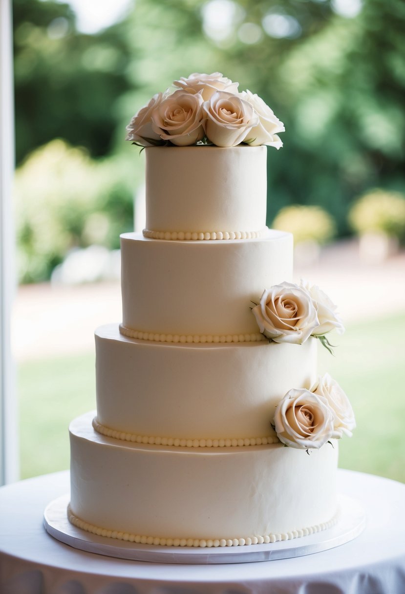 A four-tier wedding cake adorned with elegant buttercream roses