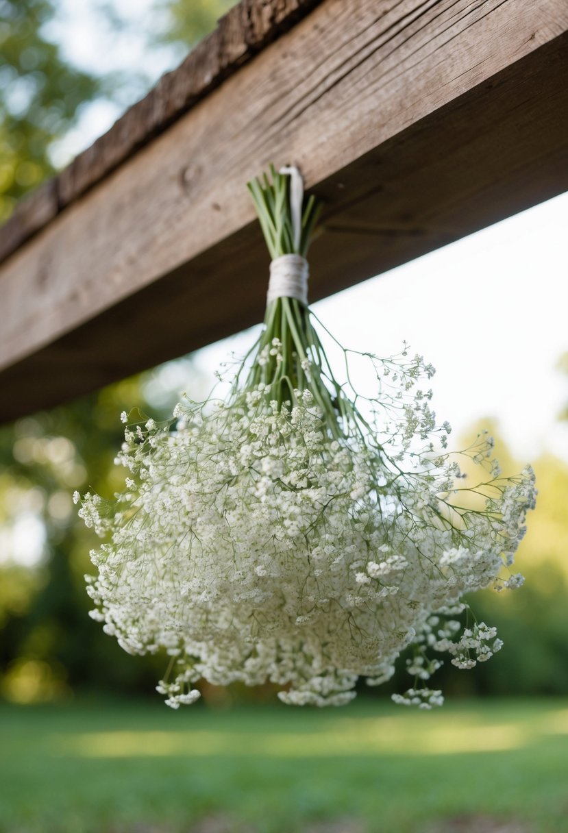 A delicate bouquet of baby's breath suspended from a rustic wooden beam, surrounded by soft, natural lighting