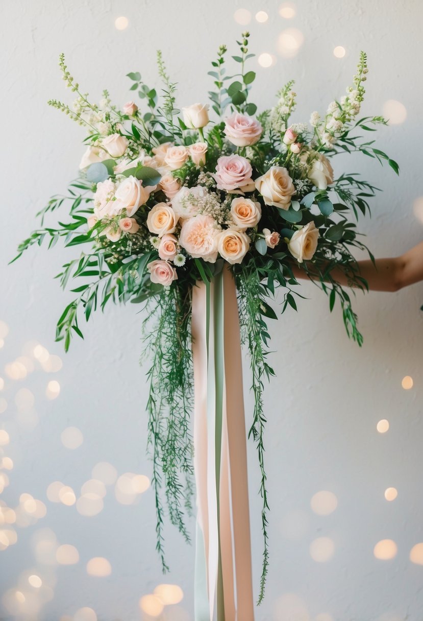 A long ribbon wedding bouquet cascading with pastel roses and greenery